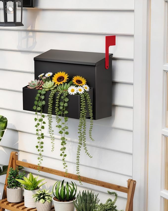 Wall-Mount Mailbox for Outside, Large Capacity Rust-Proof Mail Box with Planter & Red Flag Kit, Galvanized Steel Weather-Resistant Post Box for House Outside, 14.2"x8.2"x10.6", Black