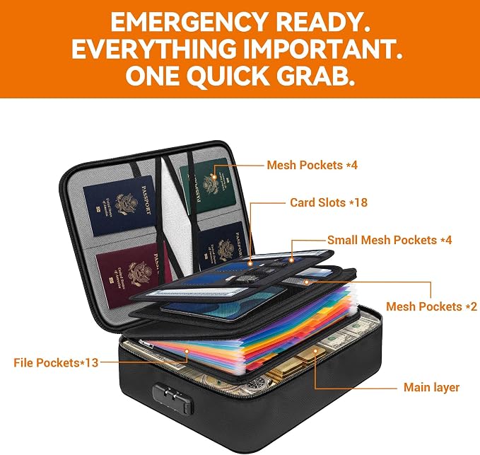 fireproof document organizer (5200℉) with Upgraded Insulated Layers | Fireproof Document Box with 13 Pocket Accordion File Folder, Portable Home Travel Safe Storage for Important Documents