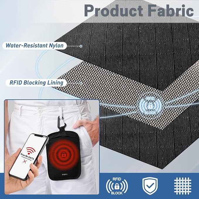 Anti-Theft Belt Waist Travel Wallet Hidden Passport 3-Zone Clip Carabiner | Water-resistant fabric with RFID blocking liner, fits passport, tickets, cards, and cash in 3 zones