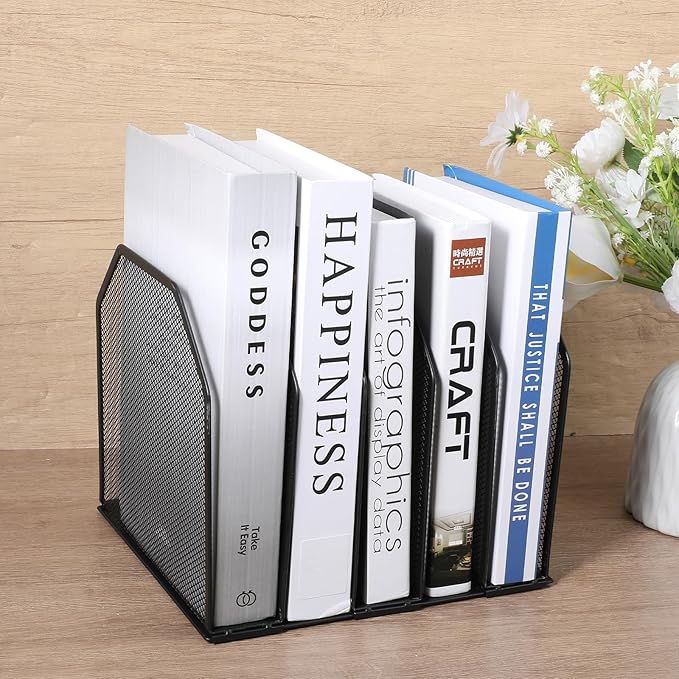 mekueeex 2 Pcs Vertical File Organizer for Desk - Metal Mesh Holder with 5 Compartments, File Folder Rack & Document Storage Stand - 9.3" x 8.5" x 7.9"
