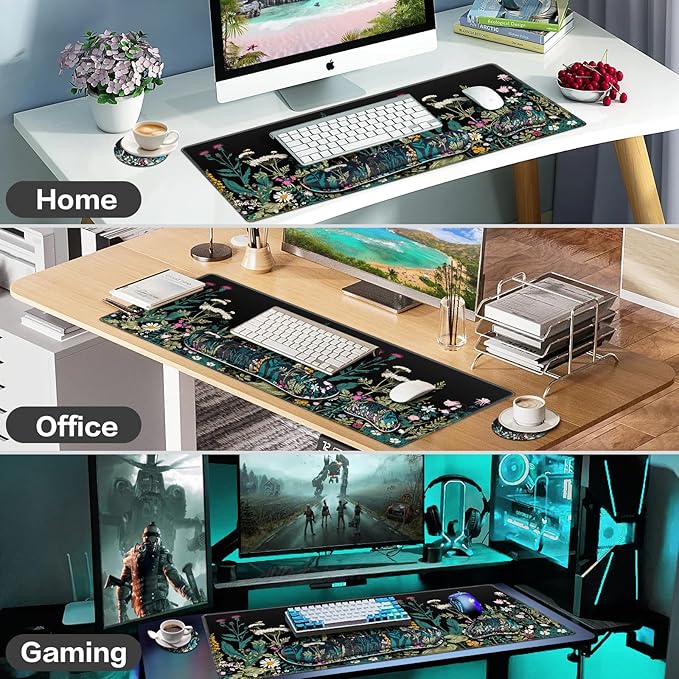 Desk Mat, Large Gaming Mouse Pad with Wrist Rest, 4in1 XXL Mousepad Floral | Keyboard Wrist Rest+Mouse Pad Wrist Support+Cup Coaster Set Ergonomic Computer Desk Arm Wrist for Decor Home Office Women