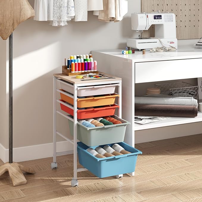 Giantex Rolling Storage Cart with 5 Drawers, Utility Cart w/Wooden Tabletop, Lockable Wheels, Multipurpose Organizer for Art Craft Books Paper, Drawer Carts for Dorm Classroom Office, Macaron