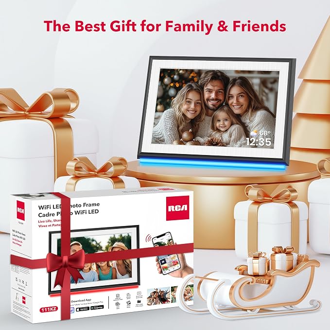 RCA 10.1" WiFi Digital Picture Frame Uhale App Photo Frames Electronic HD IPS Touch Screen Display with 32GB Memory LED Lights, Support USB/SD Card, Slideshow, Instantly Share Photos Videos