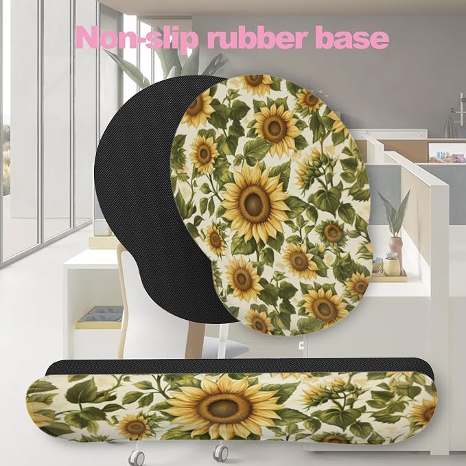 Vintage Sunflower Ergonomic Wrist Support Keyboard Mouse Wrist Rest Set, Computer Office Comfortable Wrist Rest for Mouse Easy Typing