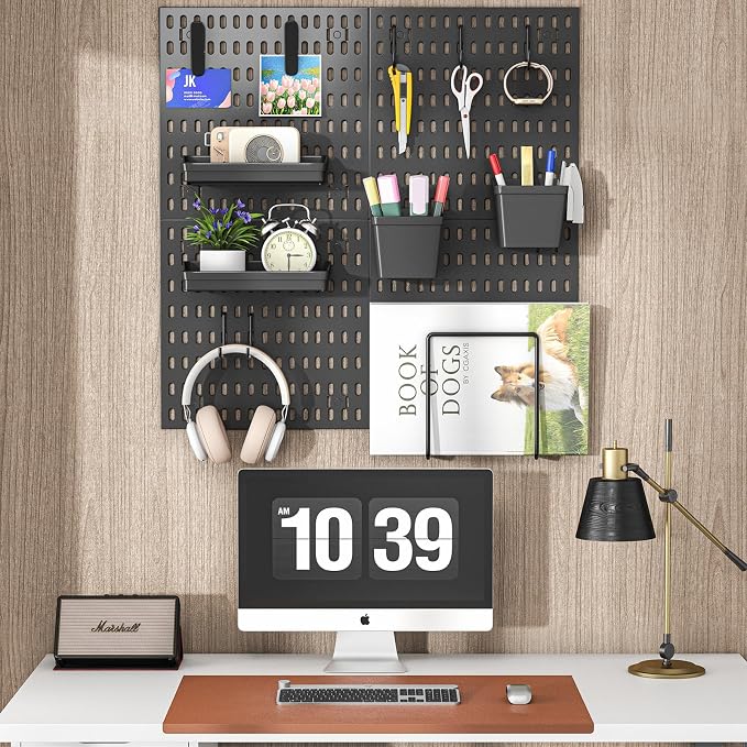 AKTOP Plastic Peg Board Wall Organizer 4-Pack, 12"x12" Pegboard Kit, Black | Includes 13 Accessories, Adhesive or Drill Mounting, Superior Load Capacity, Ideal for Office, Gaming Room, Craft Room