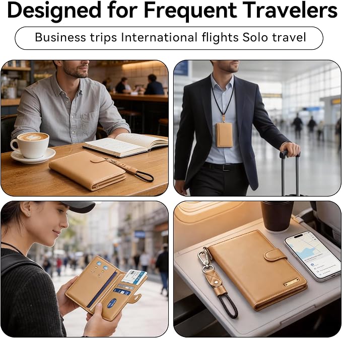 Trackable Passport Holder for Travel, RFID Blocking Wallet, Brown | Rechargeable PU leather cover works with Apple Find My and is Apple MFi certified; it includes card storage and a lanyard.