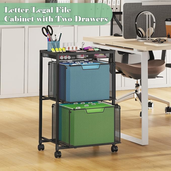 Rolling File Cart with 2 Drawers, Under Desk Storage Cabinet with DIY Divider, Letter/Legal Mobile Filling Cabinet on Wheels, Hanging File Folders Organizer, Metal Utility Cart for Home Office, Black