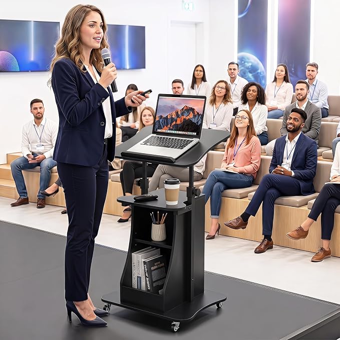 Tangkula Mobile Lectern Podium, Height Adjustable Podium Stand, Standing Sit-to-Stand Desk, Rolling Cart Laptop Desk with Swivel Top Movable Wheels & Storage