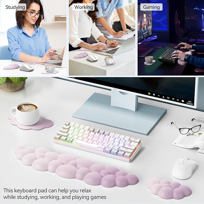 TECKNET Cloud Keyboard Wrist Rest Set, Cloud Wrist Rest with Non-Slip Base, PU Leather Wrist Pad for Keyboard with Ergonomic Memory Foam for Computer Laptop Office Gaming Pain Relief, Gradient Purple