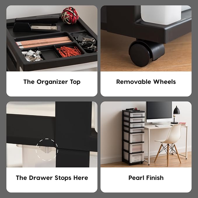 IRIS USA 7-Drawer Rolling Storage Cart, Black/Pearl | Keep classroom supplies, teacher essentials, craft materials, and learning tools organized with easy-access drawers.