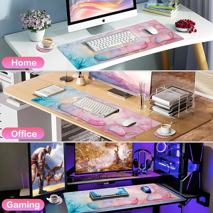 Mouse Pad Pink, Mouse Pad with Wrist Rest, 4-in-1 XXL Extended Large Desk | Mat Mousepad with Gel Wrist Support+Keyboard Wrist Rest+Coaster,Ergonomic Desk Pad for Study Gaming Home Office Computer