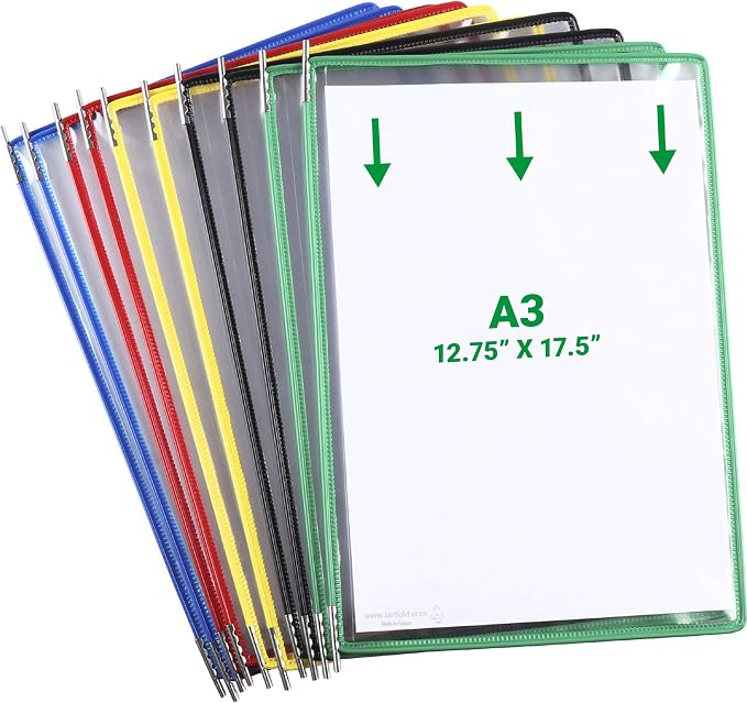 Tarifold Replacement Pivoting Pockets, A3 Size, Assorted, 10 Pack | 10 wire-reinforced PVC pockets hold 20 A3 sheets, snap-on index tabs, top-loading, for wall or desktop systems
