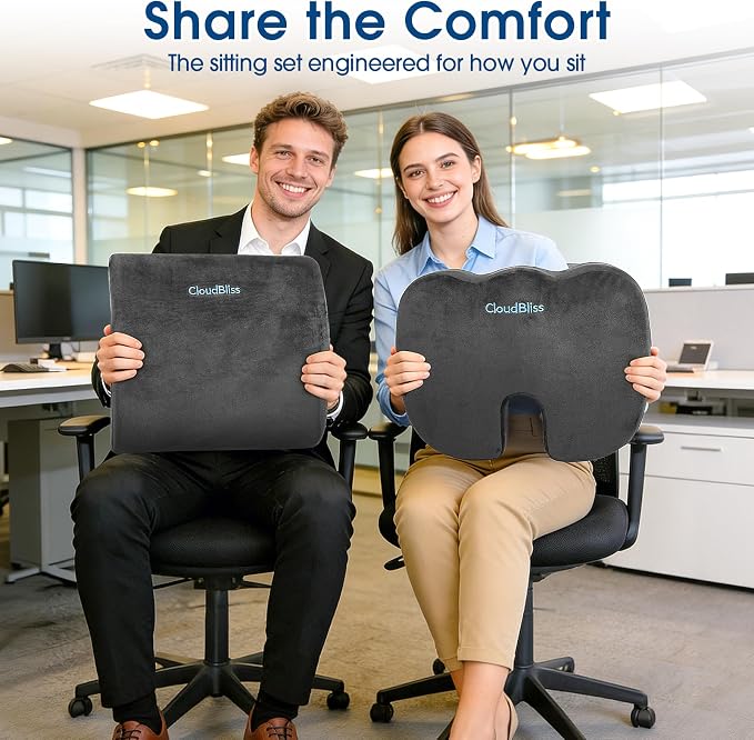 CloudBliss Lumbar Support Pillow & Seat Cushion Set for Office Chair, Desk Chair, Wheelchair & Car–Memory Foam Back Support, Ergonomic Chair Cushions,Sciatica Pain Relief,Home Essentials(Grey,XL)