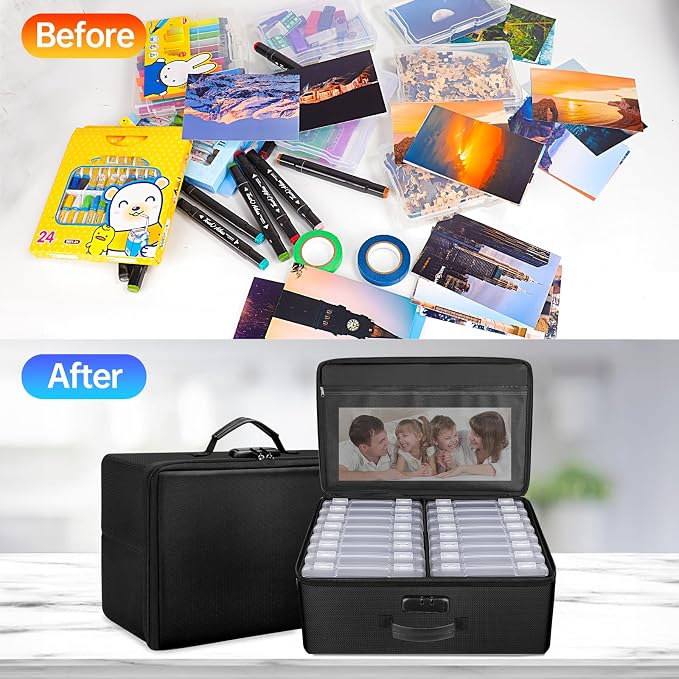 ENGPOW Fireproof Photo Storage Box 5" x 7" Photo Case(Clear),16 Inner Photo Keeper Organizer with Lock, Collapsible Portable Acid-Free Photo Storage Container with Handle for Picture, Valuables