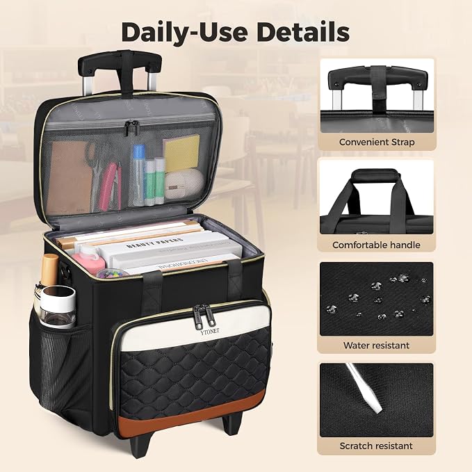 Ytonet Rolling Teacher Bag with Wheels, 15.6" Rolling Cart for Teachers | with Insulated Lunch Box & Detachable Dolly, Rolling Laptop Bag for Women, Large Roller Briefcase for Women for Work