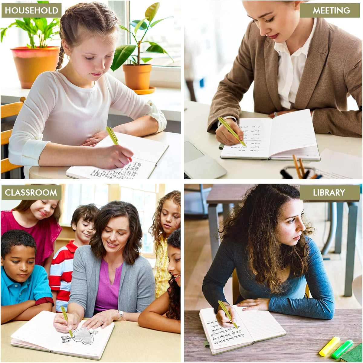 feela 5 Pack Notebooks Journals Bulk, Hardcover Classic Ruled Lined Journals with Pen Holder for Women Girls School Business Supplies, with 5 Black Pens, 120 GSM, 5.1”x8.3”, A5, Avocado Green