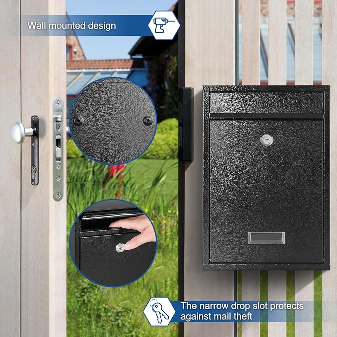 KYODOLED Mailbox for Outside, Wall Mount Locking Mailbox, Security Drop Box with Key Lock for Letters, Cash, Cards, Steel Mail Box for House Office School, 12.4H x 8.54L x 3.35W Inches, Black