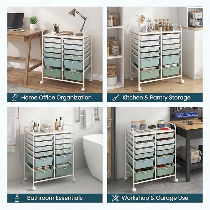 COSTWAY 12-Drawer Rolling Storage Cart, Moveable Art Craft Organizer | Lockable Wheels, Metal Shelf, Files Arrangement Tools Makeup Storage Cart for Office, Home, School (Green Gradient)