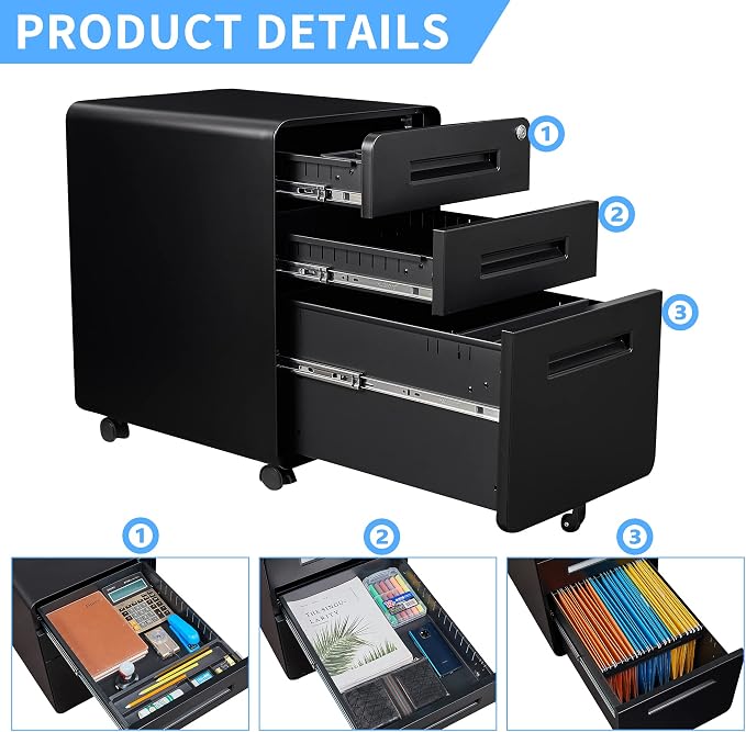 File Cabinet, 3 Drawer Filing Cabinets for Home Office with Lock Mobile Under Desk Fully Assembled Cabinet (Black)