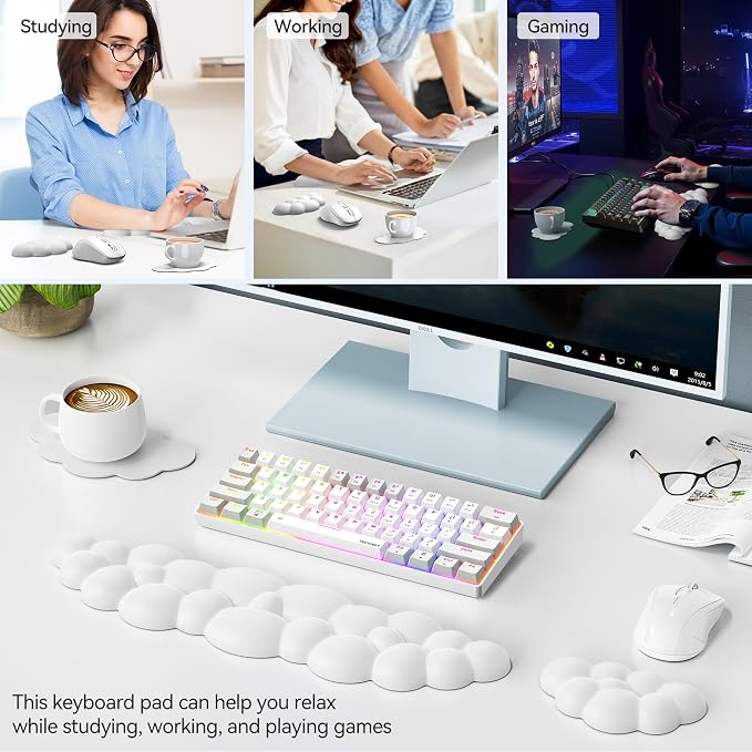 TECKNET Cloud Keyboard Wrist Rest Set, Cloud Wrist Rest with Non-Slip Base, PU Leather Wrist Pad for Keyboard with Ergonomic Memory Foam for Computer Laptop Office Gaming and Pain Relief, White