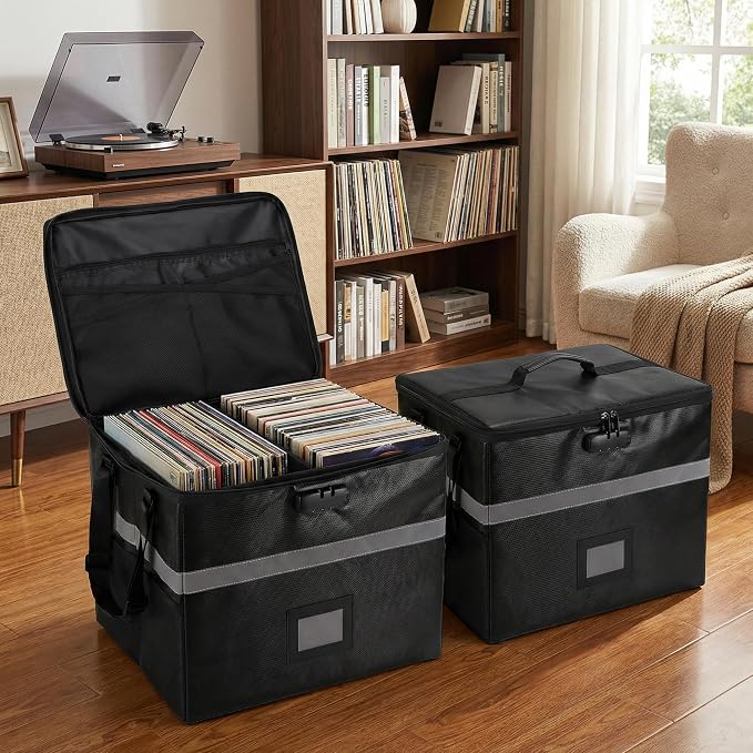 Calenzana Vinyl Record Storage Box with Lock, Fireproof Water Resistant Record Organizer for 150+ Single Records 12-inch, Collapsible Crate Box for Valuable Album, 16.7'' x 13.2'' x 13.4''