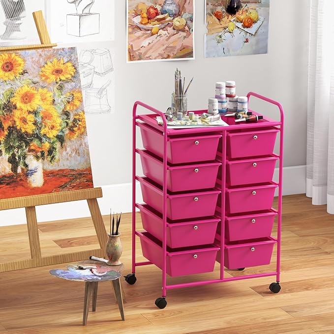 BECOMFORT 10-Drawer Rolling Cart with Drawers, Storage Cart on Wheels, Teacher Classroom Organizers with Metal Frame, Mobile Craft Cart, Trolley Utility Cart for School Office Play Room