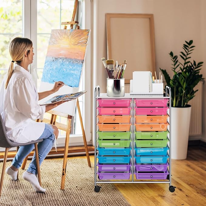 RELAX4LIFE 20 Drawer Rolling Storage Cart, Mobile Rolling Cart w/Drawers for School Classroom Teacher Office Home Salon, Paper File Art Supply Craft Organizer, Utility Cart on Wheels (Rainbow)
