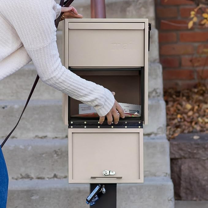 Adoorn Lockable Post Mount Mailboxes for Outside - Large Anti-Theft Locking Mailbox for Packages and Letters - Weatherproof Construction - Durable Steel - 15.5" H x 12" W x 18.5" D - Sandstone