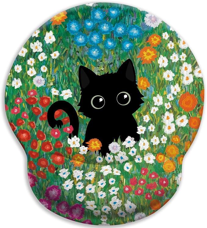 LIMKRIAN Black Cat Ergonomic Mouse Pad with Gel Wrist Rest, 9.8 x 8.6 in | Non-Slip PU Base, Smooth Surface, Cooling Gel Eases Wrist Pain, Comfort Wrist Support, Cute Office Desk Accessories Decor