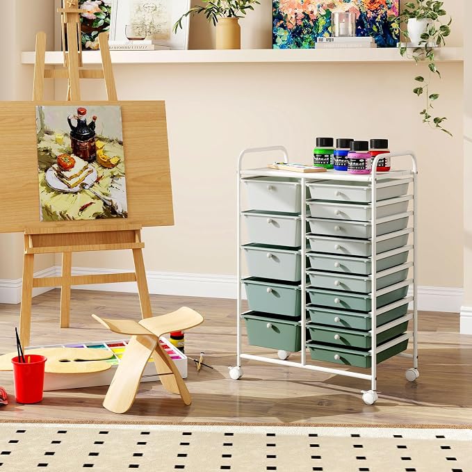COSTWAY 15 Drawer Rolling Storage Cart, Mobile Storage Organizer | Removable Drawers & Metal Frame, Multipurpose Utility Tools Paper Organizer on Wheels for Home, Office (Green Gradient)