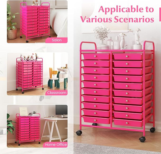 COSTWAY 20-Drawer Rolling Storage Cart, Utility Storage Organizer Cart | For Tools, Scrapbook, Paper, Craft, Multipurpose Storage Trolley on Wheels for Home Office School (Hot Pink)