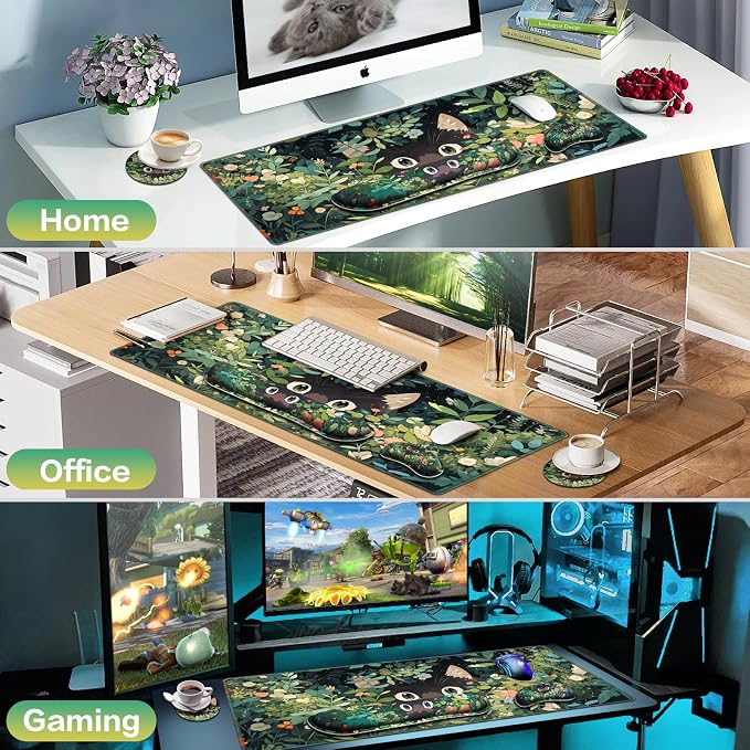 Mouse Pad Anime Mouse Pad with Wrist Rest | 4-in-1 XXL Large Desk Mat Kawaii Mousepad with Gel Wrist Support Keyboard Wrists Rest Coaster, Ergonomic Gaming Cat Desk Pad