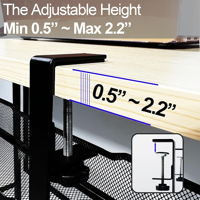 No Drill Under Desk Cable Management Tray with clamp-Premium Wire Tray Cord Organizer – Thin Steel Cable Tray Basket with Charger Holder for Desk–Black Cable Management Box–Easy to Install