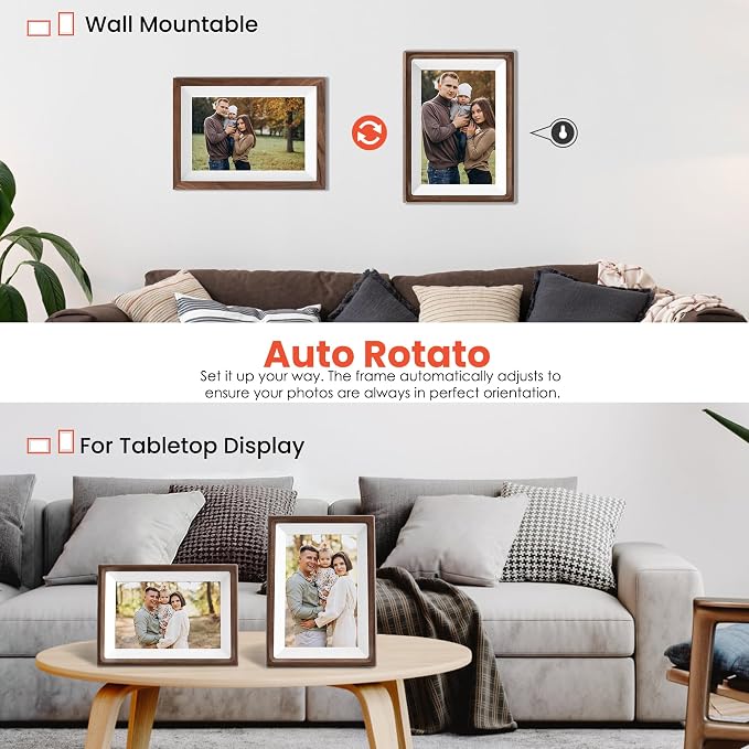 Frameo 10.1" Smart Digital Picture Frame with Walnut Moulding, 16:9 1280p HD IPS Touchscreen Display, 32GB Storage, MicroSD Slot, Plug-in Power, Easy Wireless Photo & Video Sharing, Idea