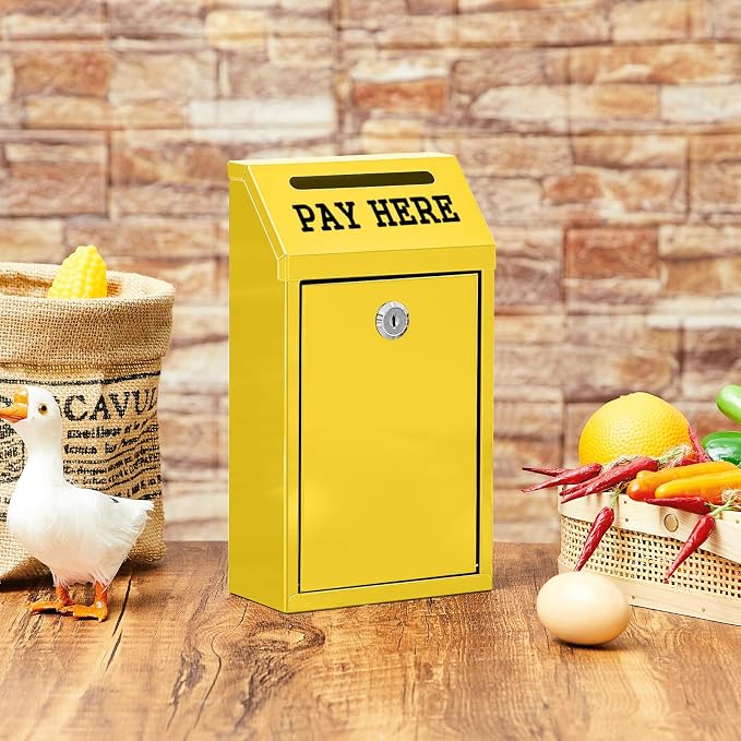 Yaocom Safe Metal Cash Box for Farm Stand – Money Drop and Secure Donation Collection, Wall Mount Lockable Unit with Pre Drilled Holes for Outdoor Self Serve(Yellow,10.2 x 5.7 x 2.8 Inch)