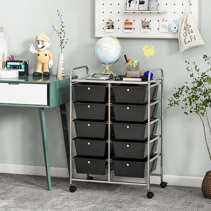 COSTWAY 10 Drawer Rolling Storage Cart, Utility Cart with Lockable Wheels | Mobile Art Supply Craft Organizer with Metal Frame, Multipurpose Drawer Cart for Paper for Office, School, Black