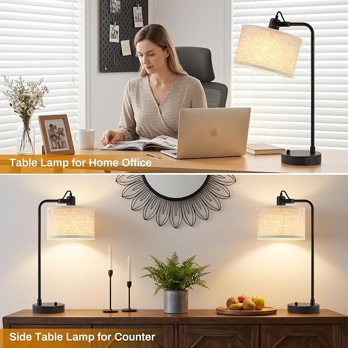 Black Table Lamp Set of 2 with USB A and C Ports, 180° Adjustable Stepless Dimming Bedside Lamps for Night Stands, E26 LED Bulb Included, Industrial Desk Lamps for Home Office, Bare Bulb Compatible