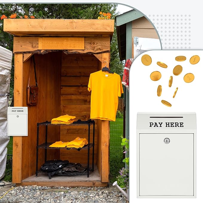 Yaocom Safe Metal Cash Box for Farm Stand – Money Drop and Secure Donation Collection, Wall Mount Lockable Unit with Pre Drilled Holes for Outdoor Self Serve(White,11.8 x 8.6 x 4.7 Inch)