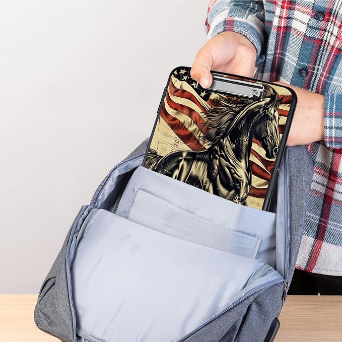Clipboard with Storage,Storage Clipboard with Pen Holder,Heavy Duty Plastic Storage Clipboard with Low Profile Clip,Teacher Must Haves,Clipboard Folder,Office Supplies,Horse and American Flag