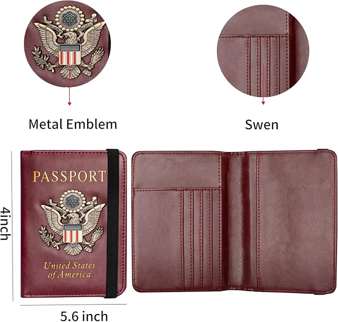 Passport Holder and Card Slot Combo RFID Blocking Leather Travel Passport Wallet for Men and Women US Passport Cover, Wine Red