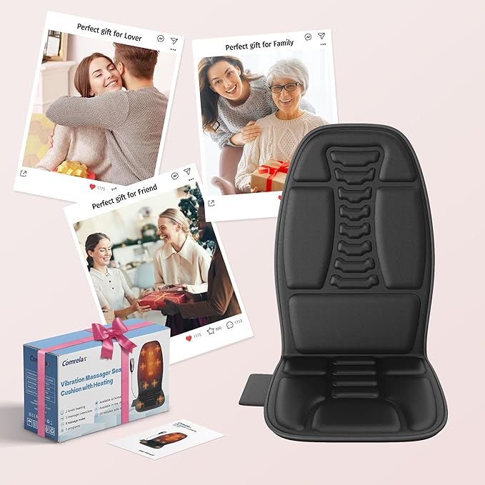 Back Massager with Heat, Massage Chair Pad with 5 Modes & 2 Heat Levels for Back & Thighs, Back Massage Pad for Office & Home Chairs, Gifts for Dad & Mom