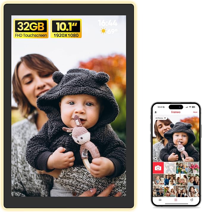 BIGASUO Digital Picture Frame, 10.1" Frameo Digital Frame WiFi with LED Light, 32GB Memory, 1280x800 IPS Touch Screen, Send Photos/Videos from Your Phone Anywhere, Photo Gifts for Parent/Grandparent