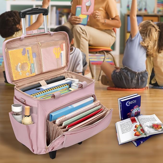 LUXJA Rolling Teacher Bag with Wheels and 15.6" Laptop Compartment, Pink | Rolling Briefcase for Women with Accordion File Area, Teacher Tote Bag for Work with Detachable Dolly and Shoulder Strap