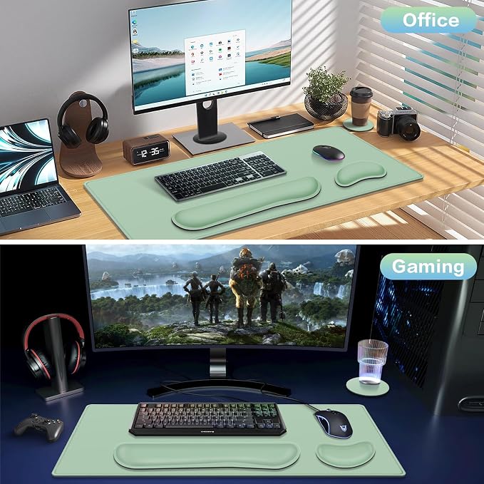 Desk Mat Green, Large Gaming Mouse Pad with Wrist Rest, 4in1 XXL | Mousepad+Keyboard Wrist Rest+Mouse Pad Wrist Support+Cup Coaster Set Ergonomic Computer Desk Arm Wrist for Decor