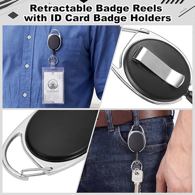 2 Set Badge Holder Retractable Clip Badge Reels with Clear Vertical ID Card Badge Holders Side Thumb Slots Hard Transparent PC Case for Work Office