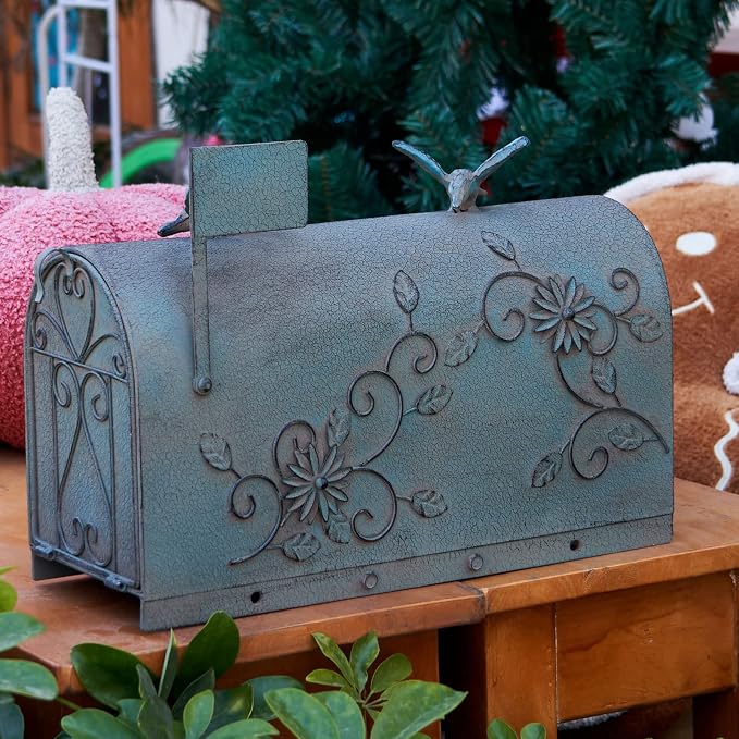 Heavy Duty Galvanized Steel Mailbox Post, Rural Mail Box Postal Storage Box with Bird Decoration (Vintage Green)