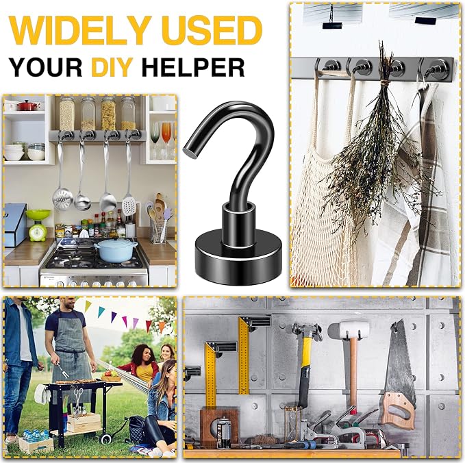 DIYMAG Magnetic Hooks, 30lbs 60pcs Cruise Cabin Essentials Heavy Duty Black | Strong Neodymium Rare Earth Magnets, for Kitchen, Classroom, Beach, Cruise Cabins, Refrigerator, Hanging Key Clothes Wall Hat