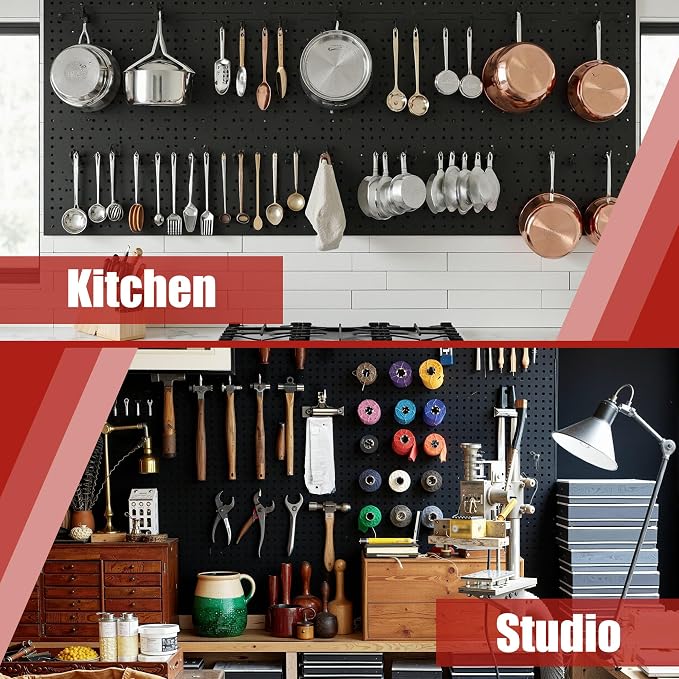 Heavy Duty Peg Board, 8 Pack Metal Pegboard Panels with 50 Hooks | Black Pegboard Organizer - Wall Mount Storage System for Garage and Garden Tools, Workbench, Office & Home Organization
