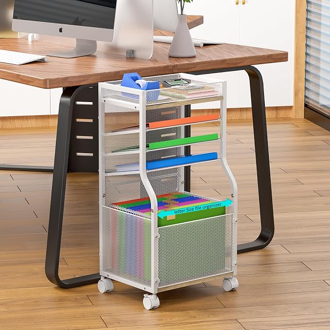 3IngSeagulls Rolling File Cart, 5-Tier Mobile Filing Cabinet on Lockable Wheels, Under Desk Storage, Office Hanging Folder Storage Organization Mobile Cabinet for Office, Home, and School, White