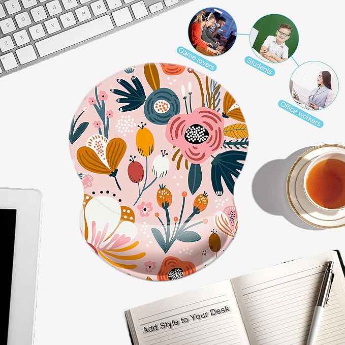 Mouse Pad with Wrist Support, Non Slip Mousepad Wrist Rest for Office, Computer, Laptop & Mac-Comfortable & Lightweight Ergonomic Support Mouse Mat(Wrist-Pink Floral)